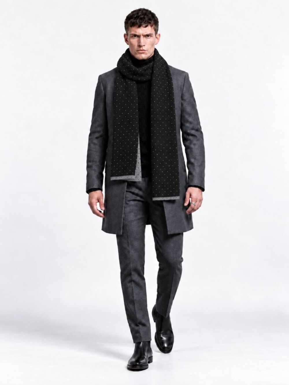 Noble Mount Mens Uptown Jacquard Dot Knit Scarf Black Heather Grey NWT
